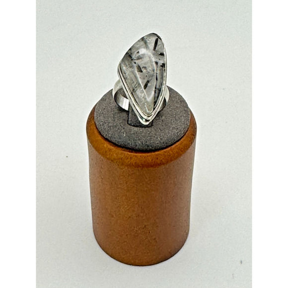 Tourmalinated Quartz Stone Estate Ring .925 Stone Sz 6 - 8 Grams - 1 1/4" - Picture 3 of 4